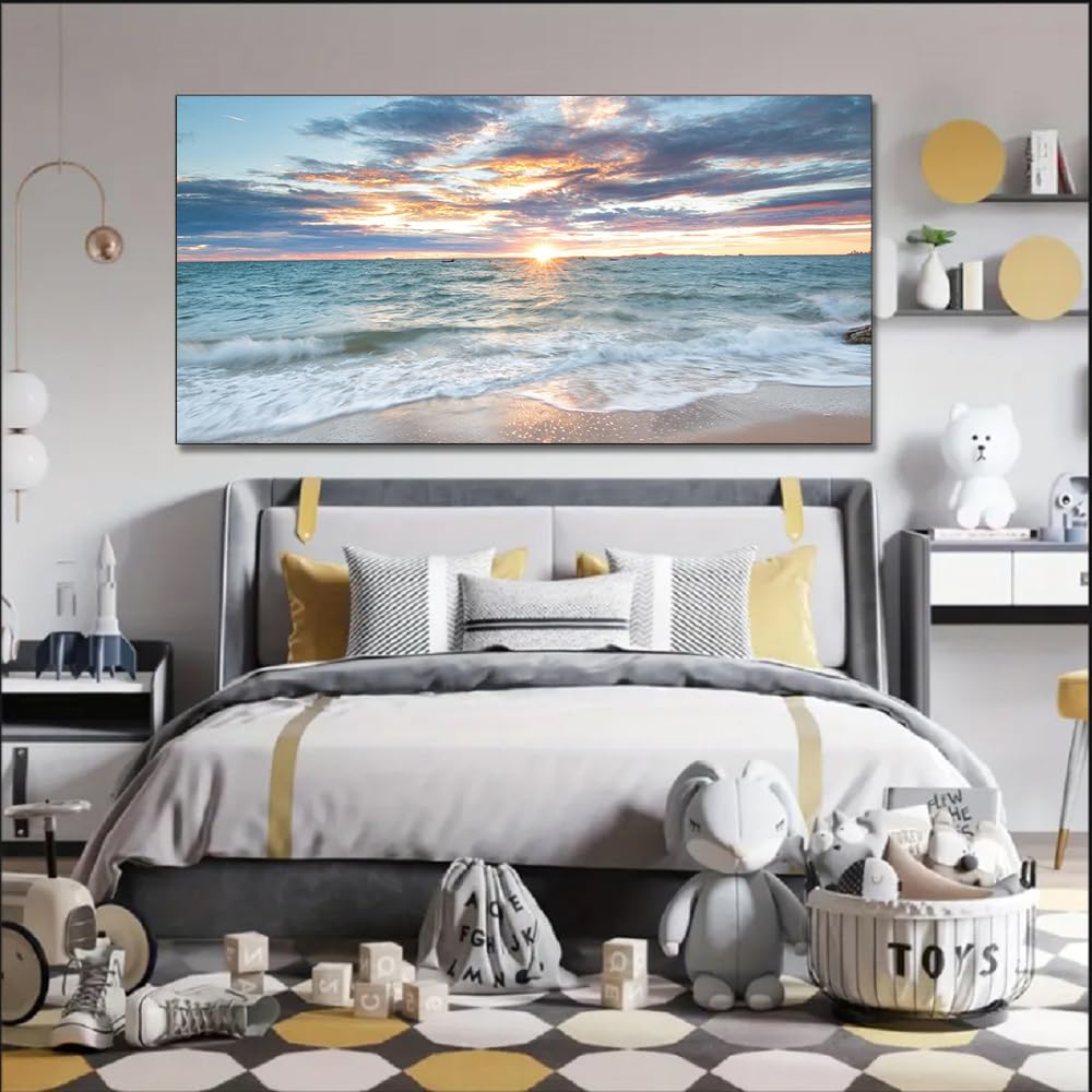 Large Canvas Wall Art Beach Artwork for Walls Coastal Wall Décor Seascape Prints Ocean Painting Sunset Picture Waves