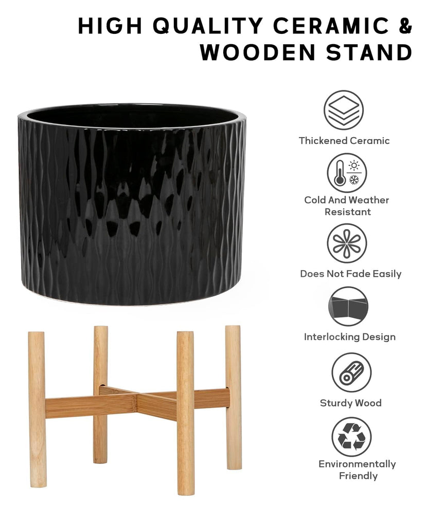 Ceramic Plant Pot with Stand, 10 Inch Planter with Wood Shelf, Modern Round Flower Pots Indoor with Wood Planter