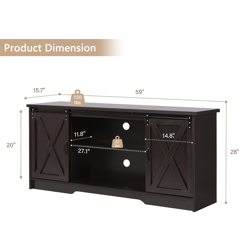 65 Inch TV Stand with Sliding Barn Doors, Espresso Entertainment Center for 65 Inch TV with Storage Cabinet