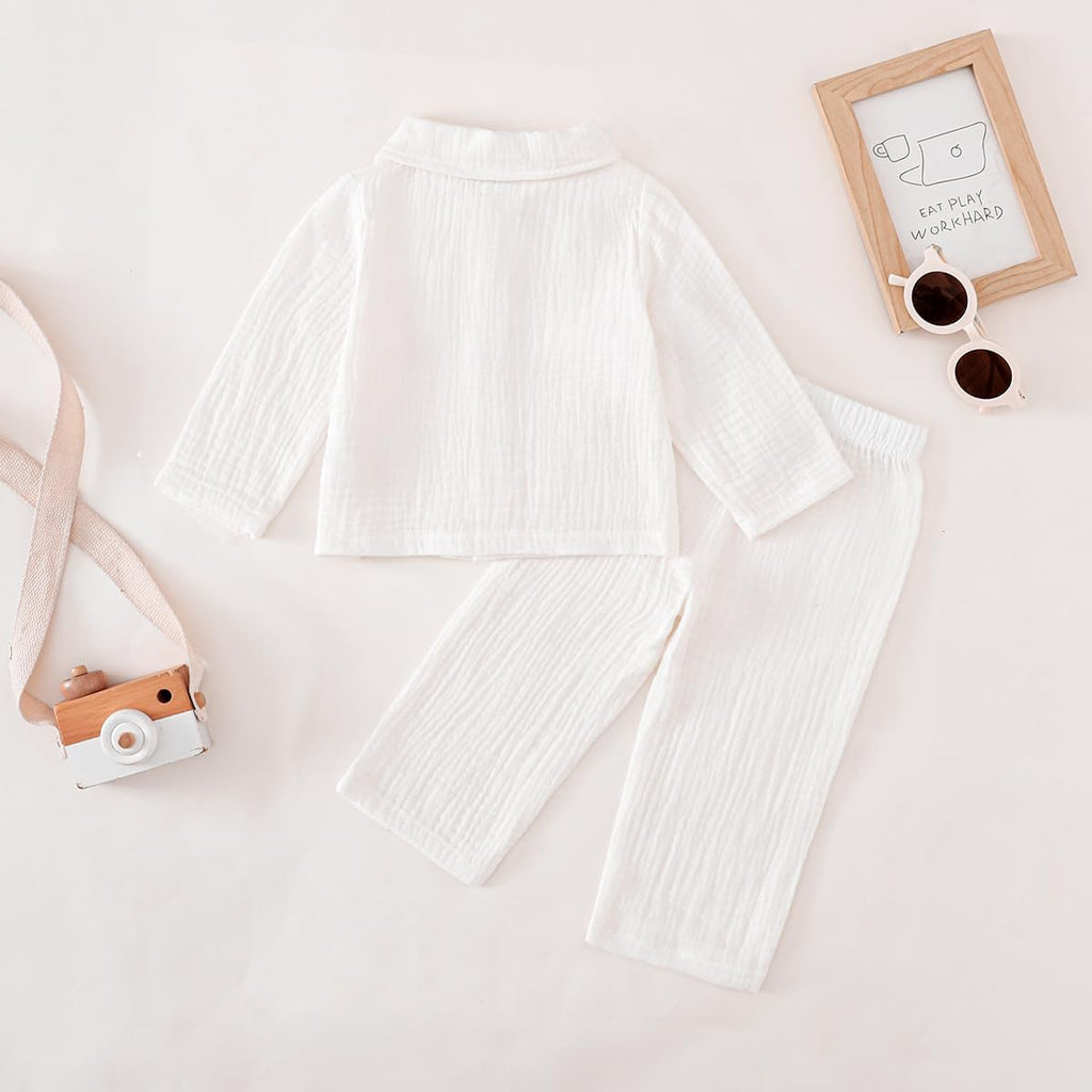 Toddler Boy Girl Fall Clothes Cotton Linen Long Sleeve Shirt Pants Set Unisex Casual Outfit