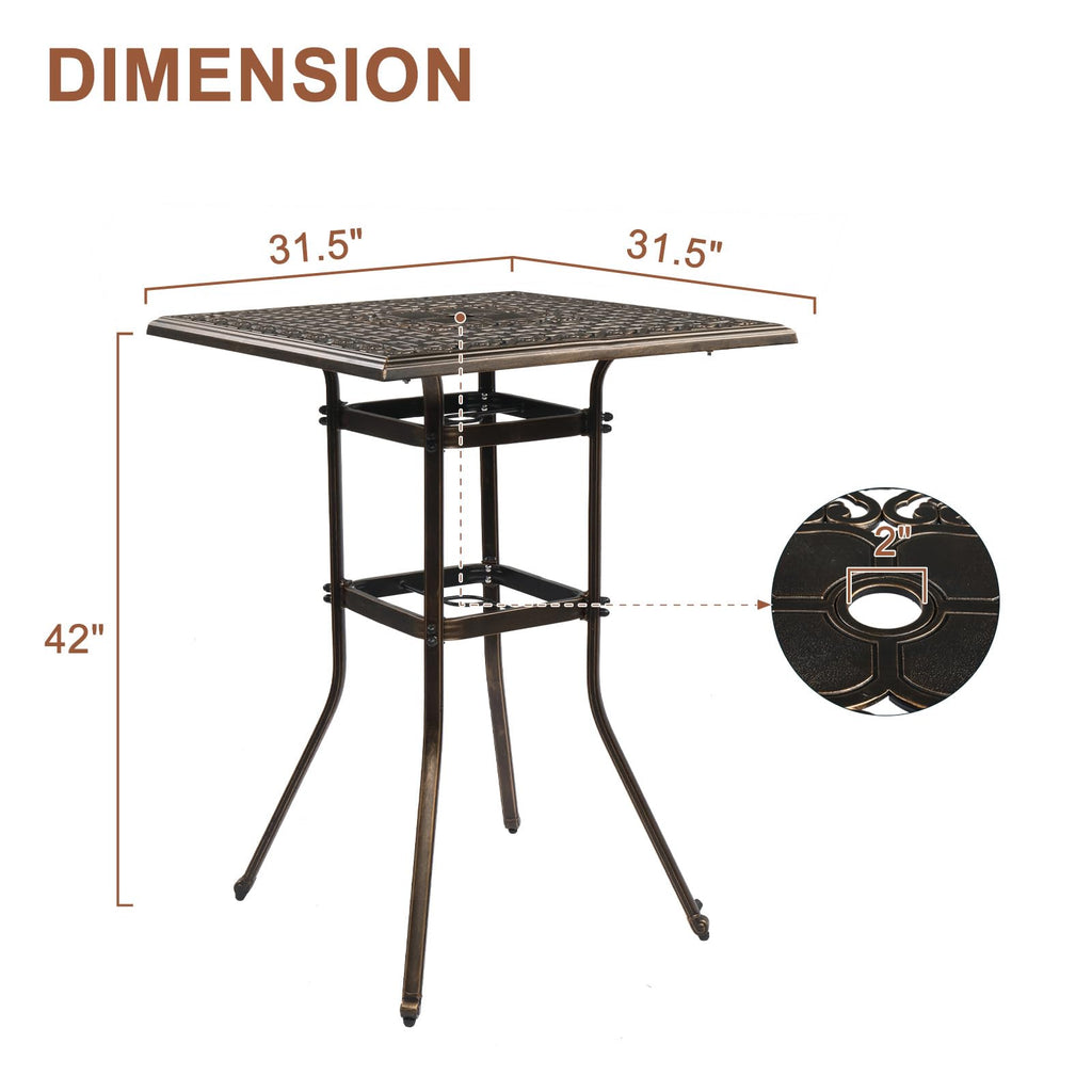 Cast Aluminum Patio Bar Table, 42" Height High Top Outdoor Bar Table with Umbrella Hole, Pub Height Bistro Square
