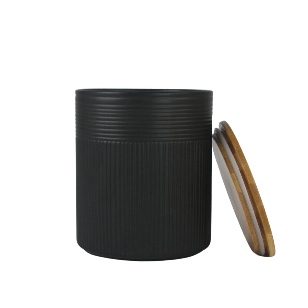 Luca Matte Black Embossed Ceramic Kitchen Canister Set, Set of 3, Bamboo Lids