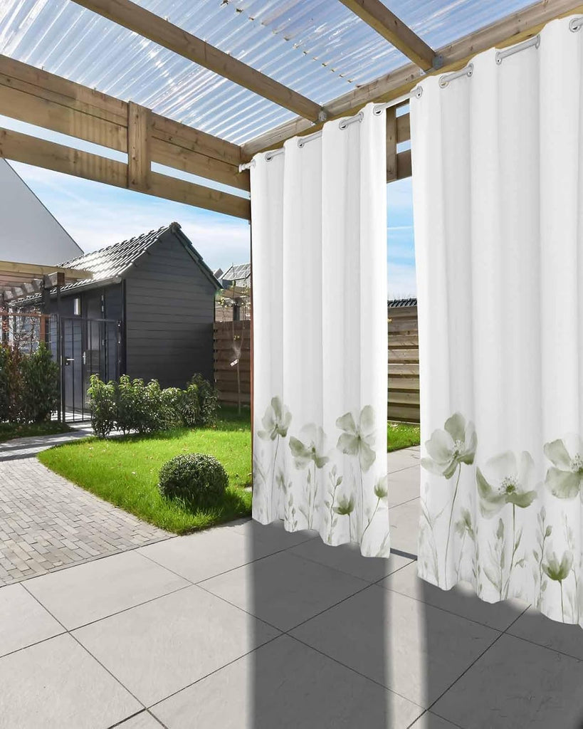Outdoor Curtains Waterproof, Simple Style Watercolor Retro Sage Green Floral Lines Grommet Weatherproof Privacy