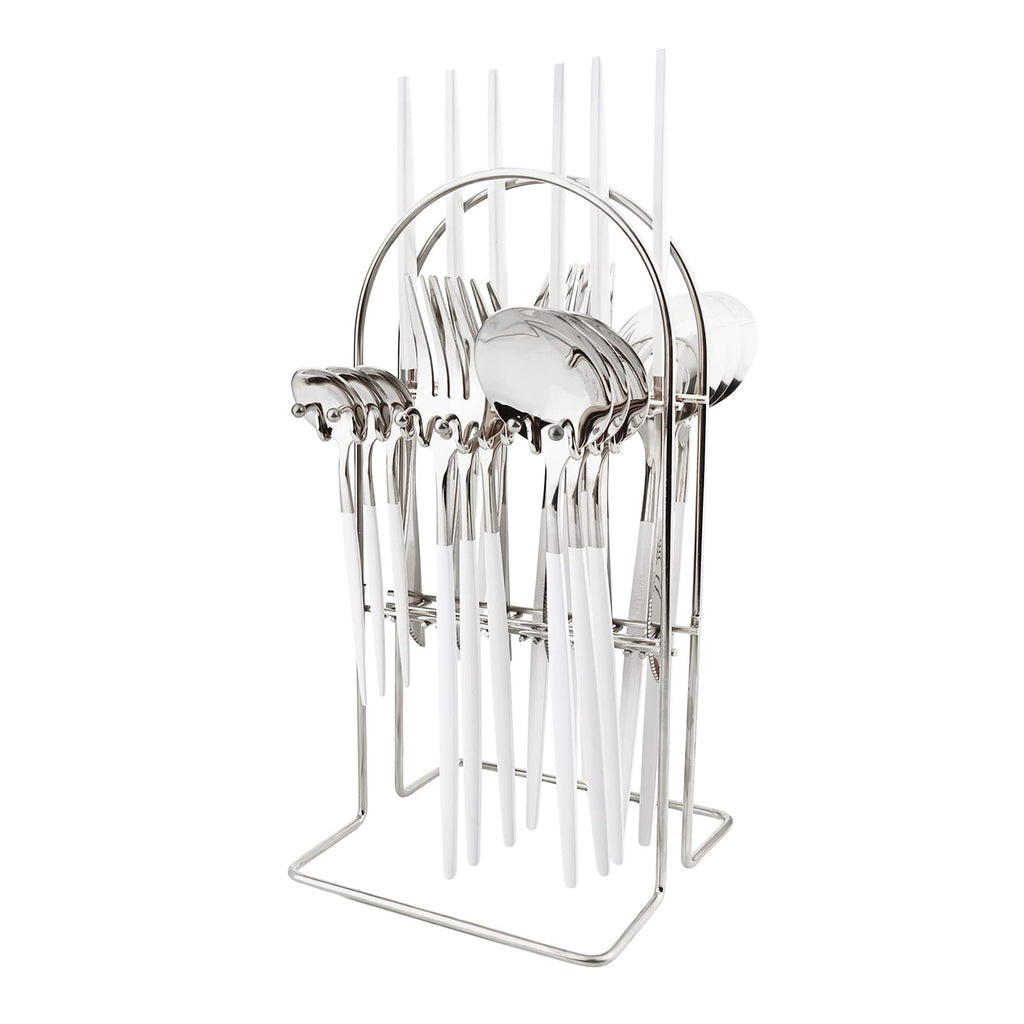 White Silver 24Pcs Flatware Set With Stand, Lightweight Dinnerware Set Stainless Steel Cutlery With White handles