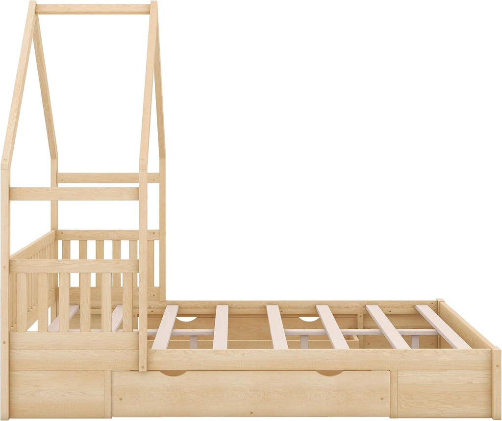 Queen Size Wood House Platform Bed with 2 Drawer for Toddlers and Baby, Modern Montessori Platform Bed Frame, No Box