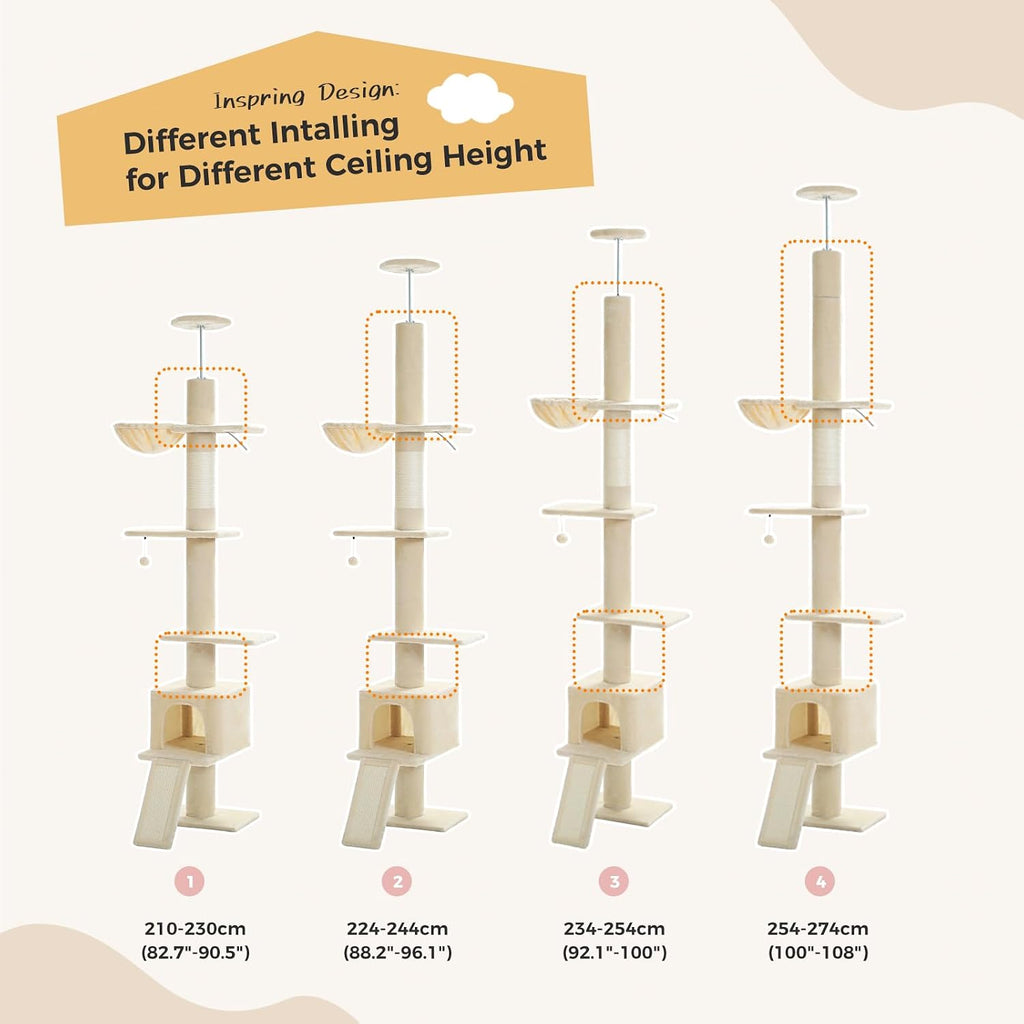 Floor to Ceiling Cat Tree, Adjustable 83-108in 5-Level Tower, Beige
