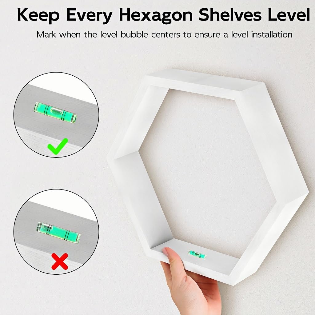 Hexagon Floating Shelves Set of 3, White Wooden Hexagon Shelves for Wall Decor, Modern Honeycomb Floating Hanging