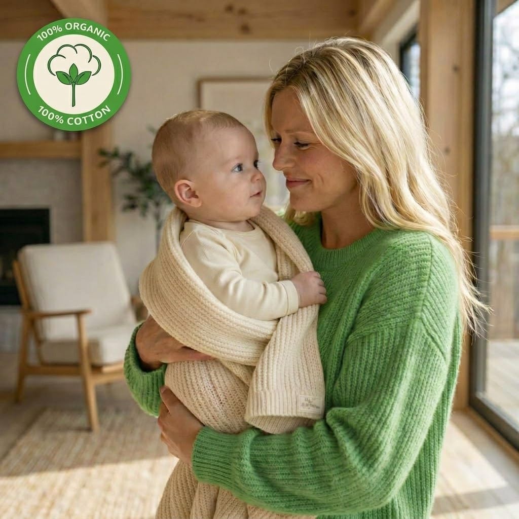 Ribbed Knit Baby Blanket - 100% Organic Cotton, Newborn Crib Quilt