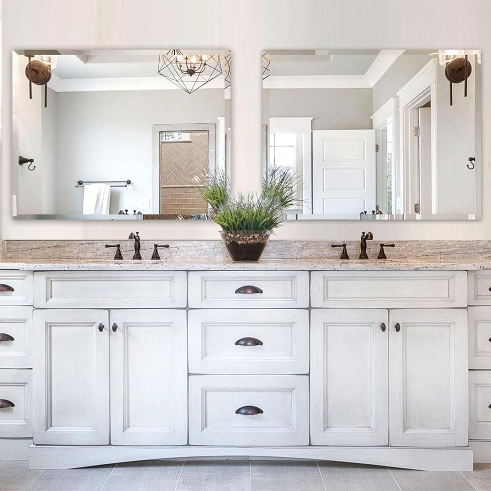 2 PCS Rectangular Wall Mirror, 28" x 36" Large Bathroom Mirror with Beveled Edge, Frameless Mirror Vanity Set