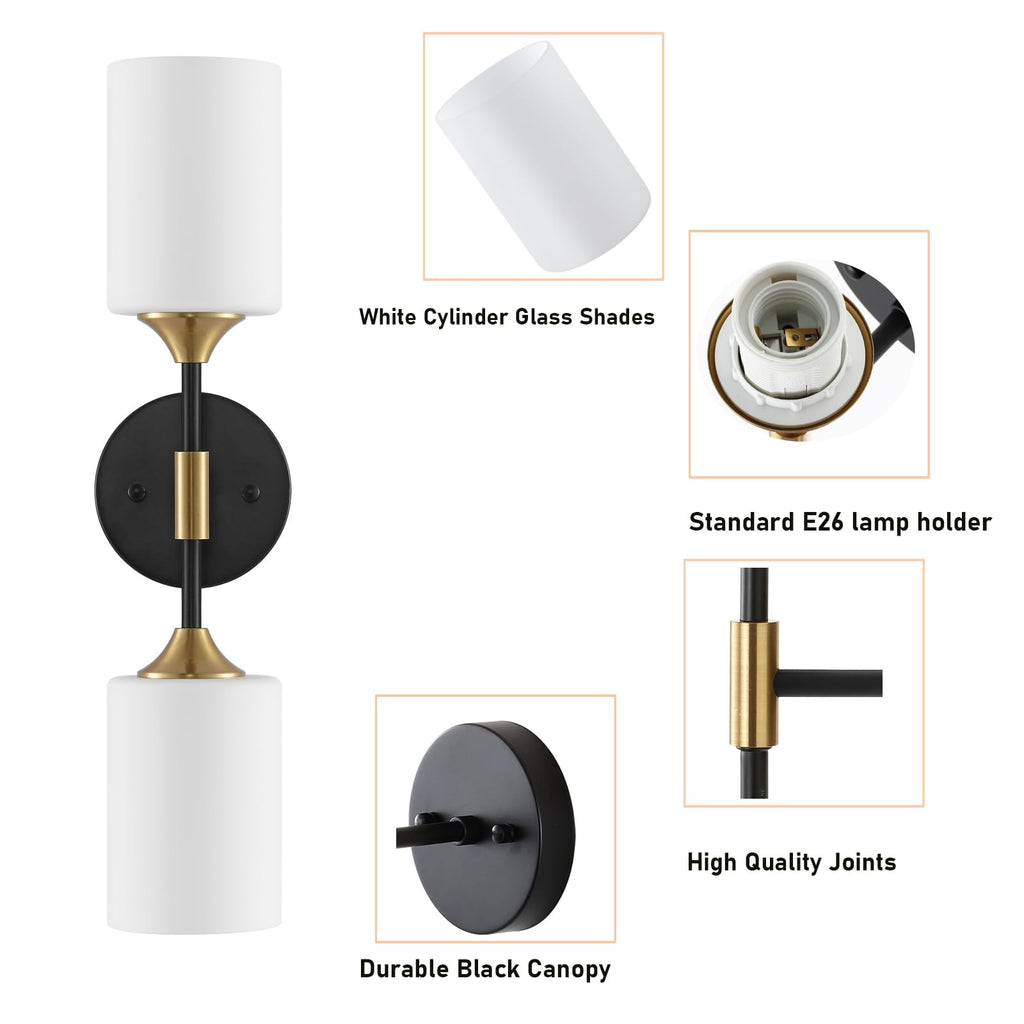 Industrial Mid Century Wall Sconce 2-Lights with White Cylinder Glass Shades Modern Bathroom Vanity Wall Lamp Matte