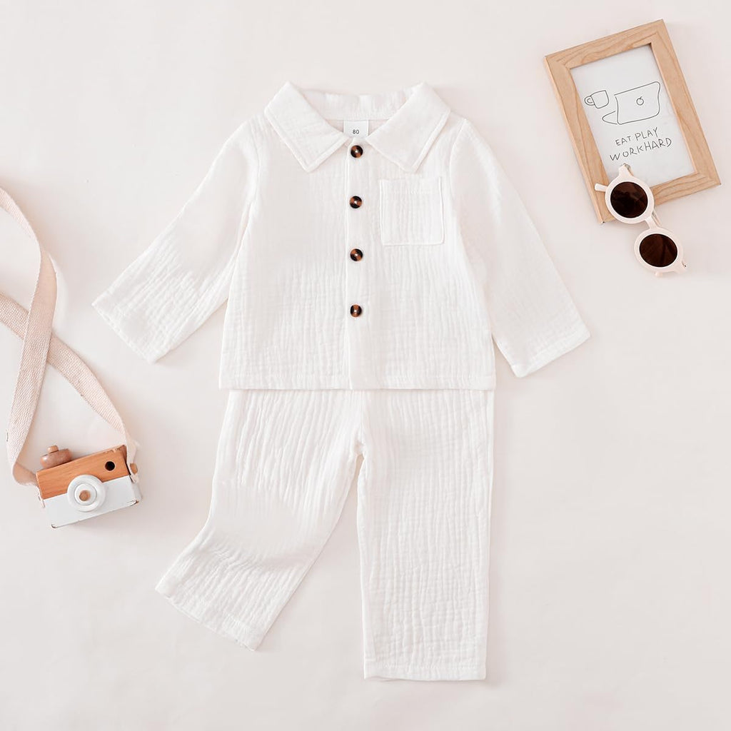 Toddler Boy Girl Fall Clothes Cotton Linen Long Sleeve Shirt Pants Set Unisex Casual Outfit