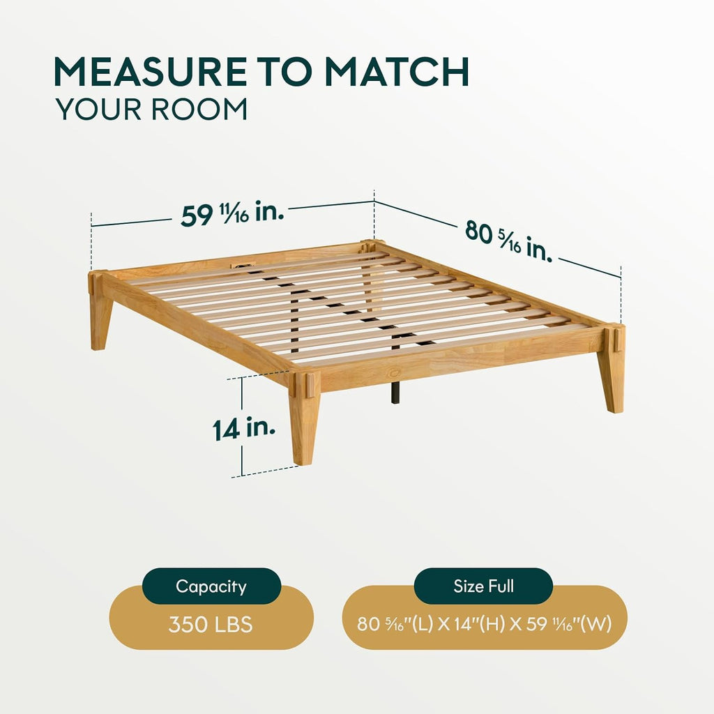 14" Bed Frame - Solid Wood Platform Bed - Japanese Joinery Bed Frame - Wood Slat Support - No Box Spring