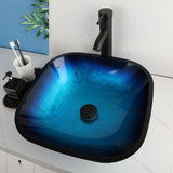 HM HomeMieco 17 Inch Square Blue Glass Vessel Sink Bathroom Bowl Sink with Faucet and Drain