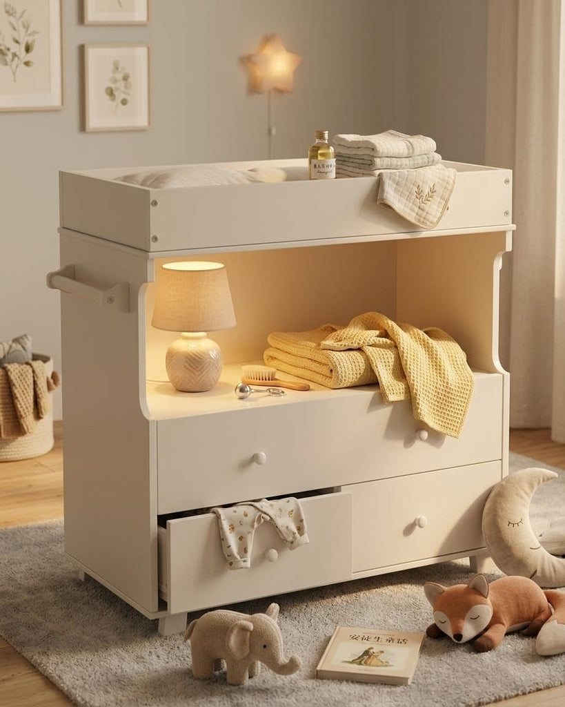 Baby Changing Table with Drawer and Storage Shelves | Heavy Duty Diaper Station, White Wooden Changing Table with