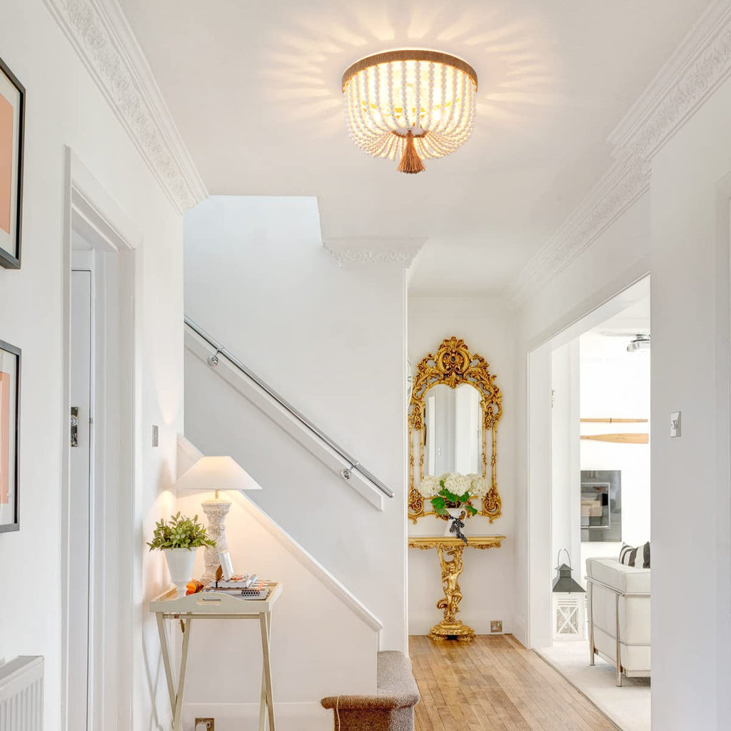 Bohemia Wood Beaded Flush Mount Ceiling Light Antique Rustic Mini Round Chandelier White Kitchen Island Girl Room