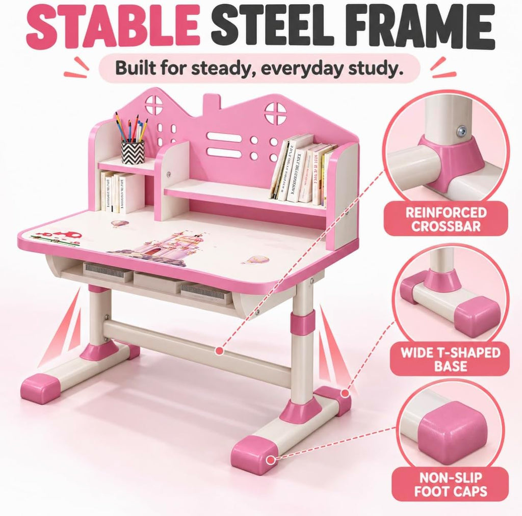 Kids Desk and Chair Set, Height Adjustable Kids Study Table for 6-12