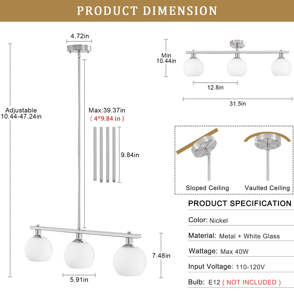 3 Lights Linear Pendant Light Kitchen Island Lighting with Milk Glass Shade, Modern Farmhouse Chandelier, Brushed