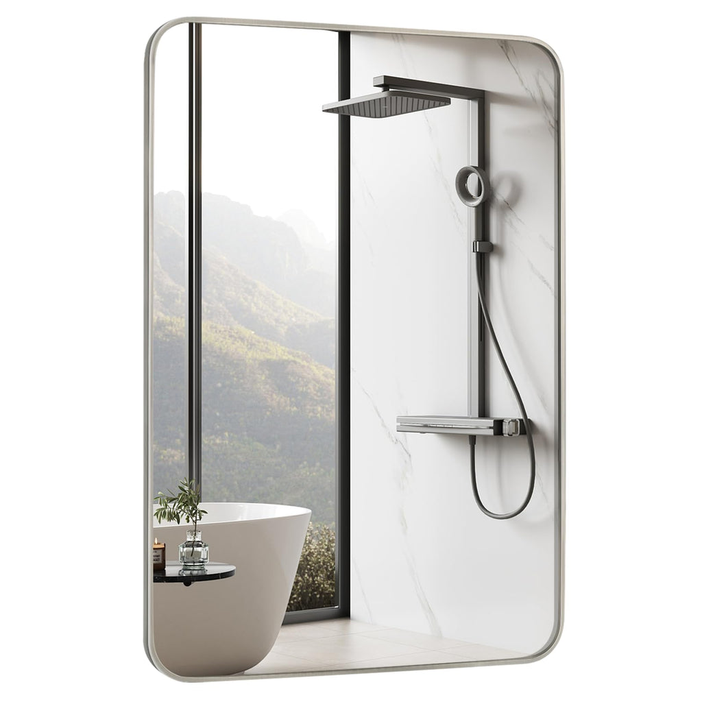 Bathroom Mirror Brushed Nickel, 30 x 42 Inch Metal Frame Rectangle Mirror Rounded Silver Modern Vanity Mirror
