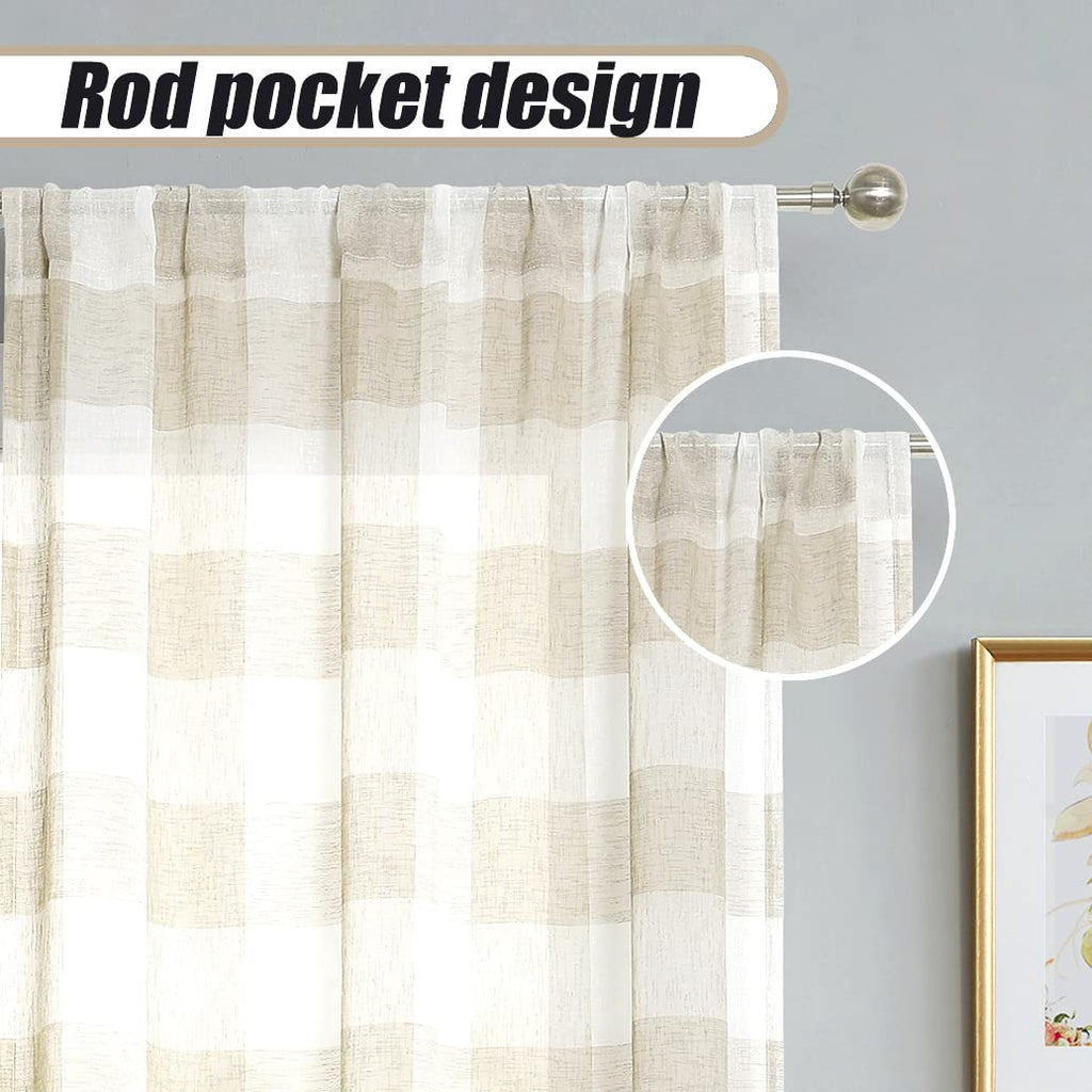 Tan White Buffalo Plaid Sheer Curtains for Farmhouse 54 Inch Long