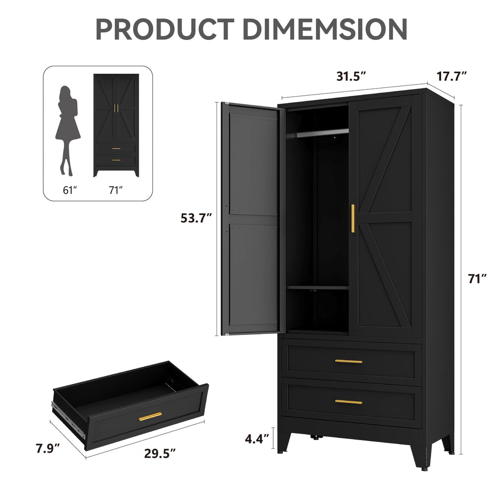 71" Metal Armoire Wardrobe Closet with Hanging Rod, Black-X 2 Drawers