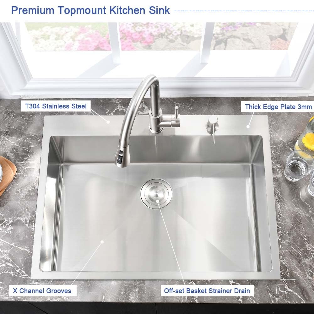27x22 Drop In Stainless Steel Top Mount Sinks Single