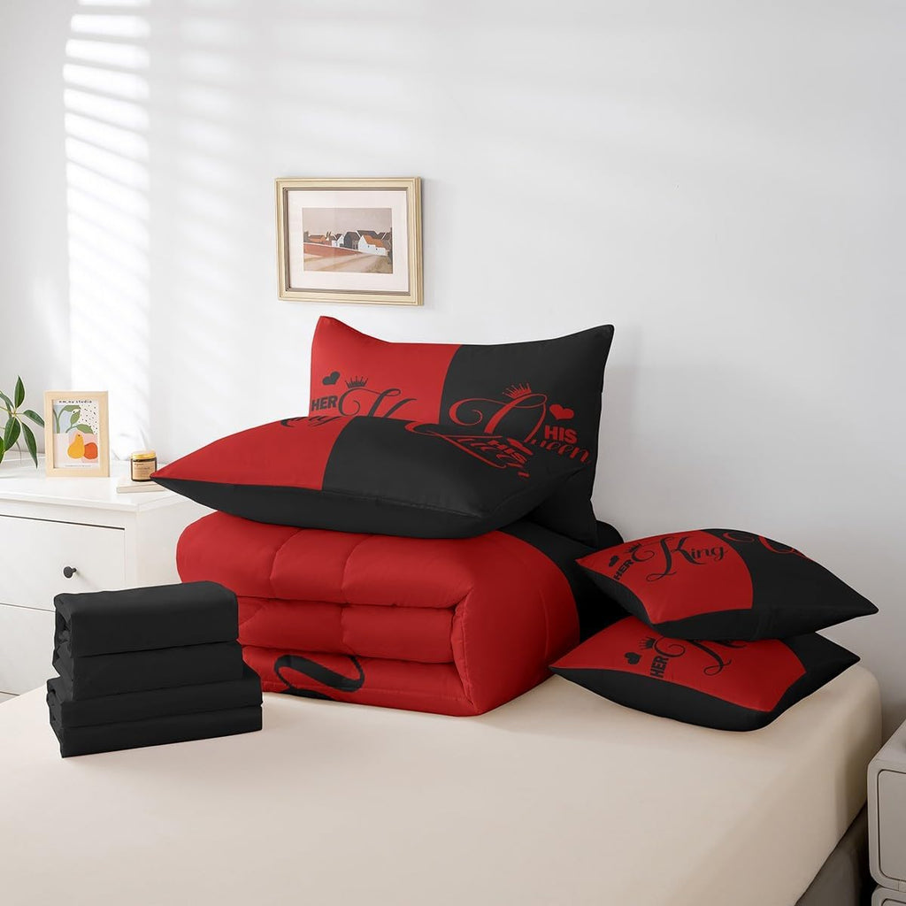 King and Queen Crown Bed in a Bag King Comforter Set 7 Pieces,Her King and His Queen Bedding Set,Romantic Valentine's