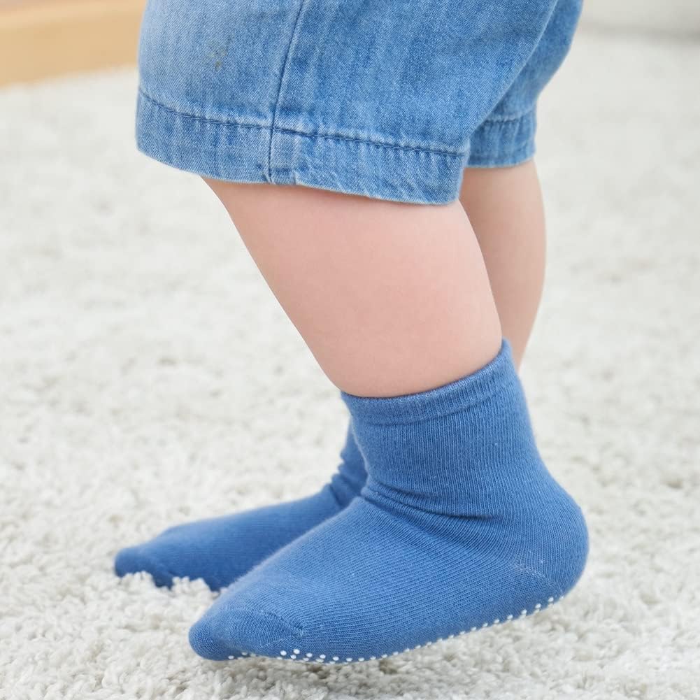 Baby Non Slip Grip Crew Socks with Anti Skid Soles for Infants Toddlers Kids Boys Girls