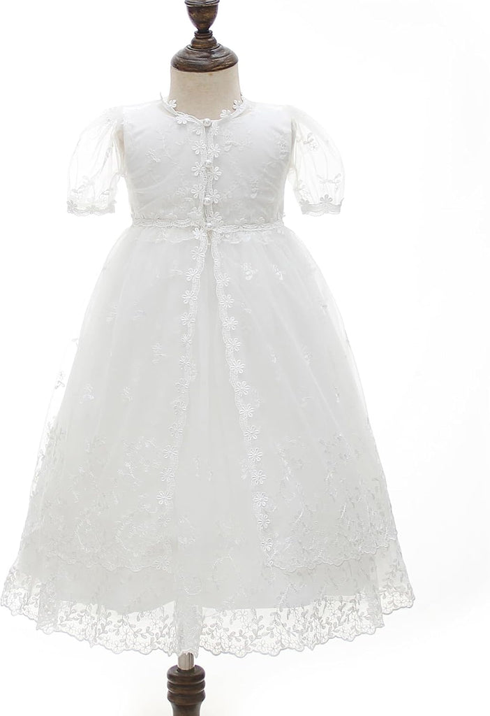 Baby Girls Baptism Christening Dress 3Pcs Infant Toddler Floral Embroidered Lace Gown