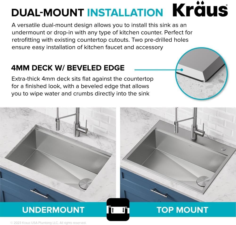 Kore 32-Inch Drop In/Undermount Workstation 18 Gauge Single Bowl Stainless Steel Kitchen Sink with Accessories