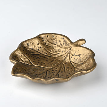 Decorative Leaf Jewelry Dish, Vintage Brass Cast Iron Trinket Tray