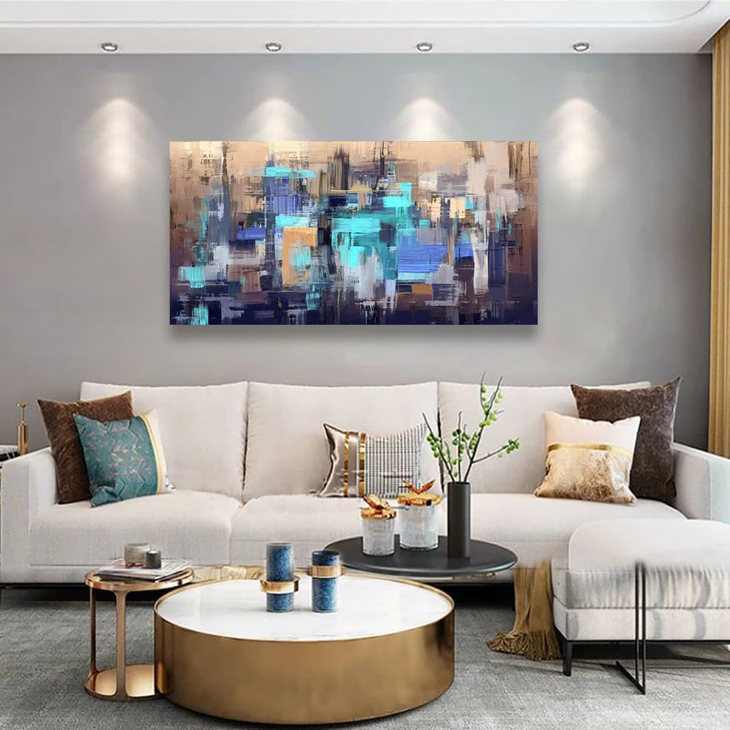 Abstract City Skyline Canvas Wall Art 40x20 Inches Framed Teal Blue Brown Cityscape Wall Decor Wood Frame Waterproof