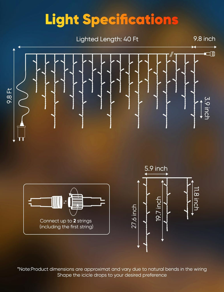 Icicle Lights for Outside, 40FT Icicle Christmas Lights Outdoor
