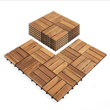 Premium Acacia Wood Interlocking Deck Tiles - Set of 9 pcs, 12"x12", Waterproof Outdoor Patio Flooring