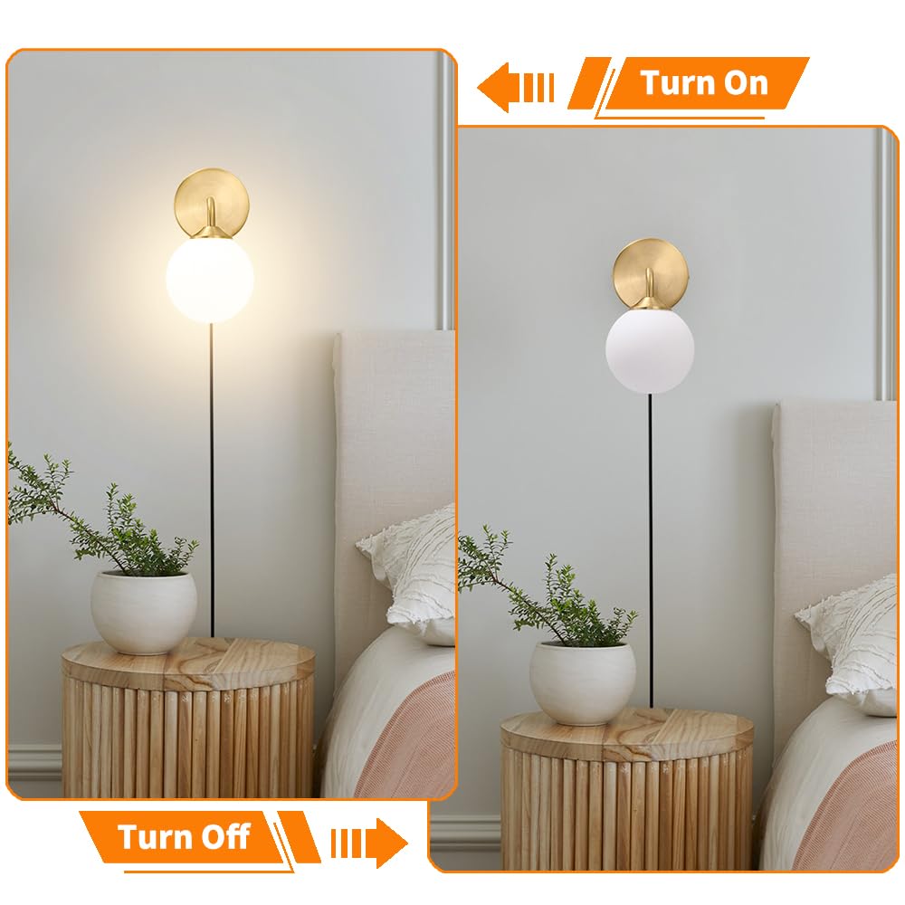 Gold Plug in Wall Sconce Set of 2, Wall Light Fixture with Plug in Cord On/Off Switch, Mid Century Art Deco Wall