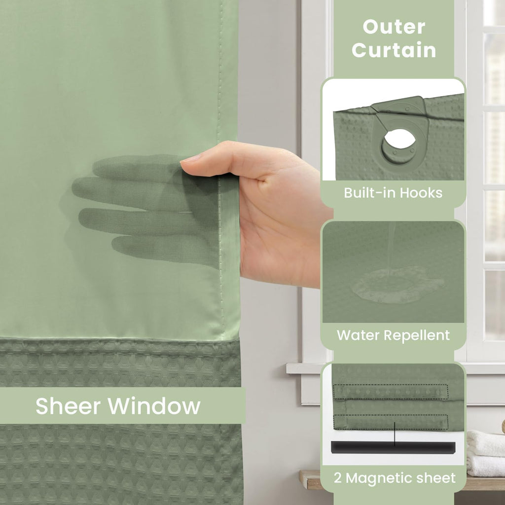 No Hook Shower Curtain with Snap-in Fabric Liner, Waffle Weave 230 GSM Polyester, Weighted Hem, Water Repellent