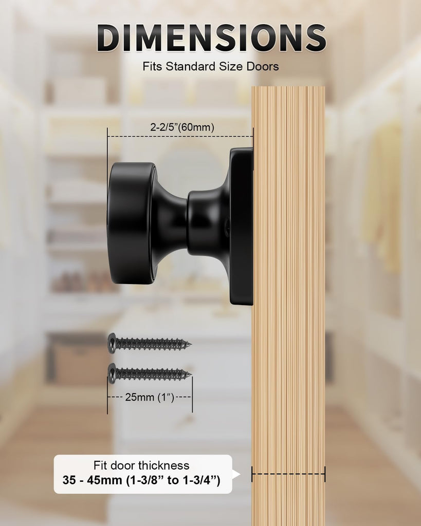 Matte Black Dummy Door Knobs Interior, Single Sided Dummy Door Handles for Closet 2 Pack, Standard Size Non-Turning