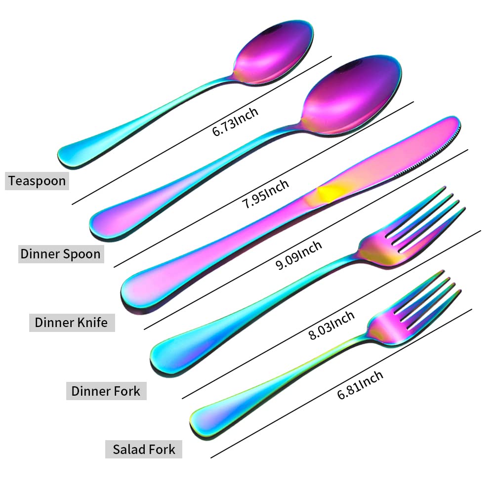 Rainbow Silverware Flatware Set for 8, 40 piece Stainless Steel Colorful Cutlery With Titanium Plated, Tableware