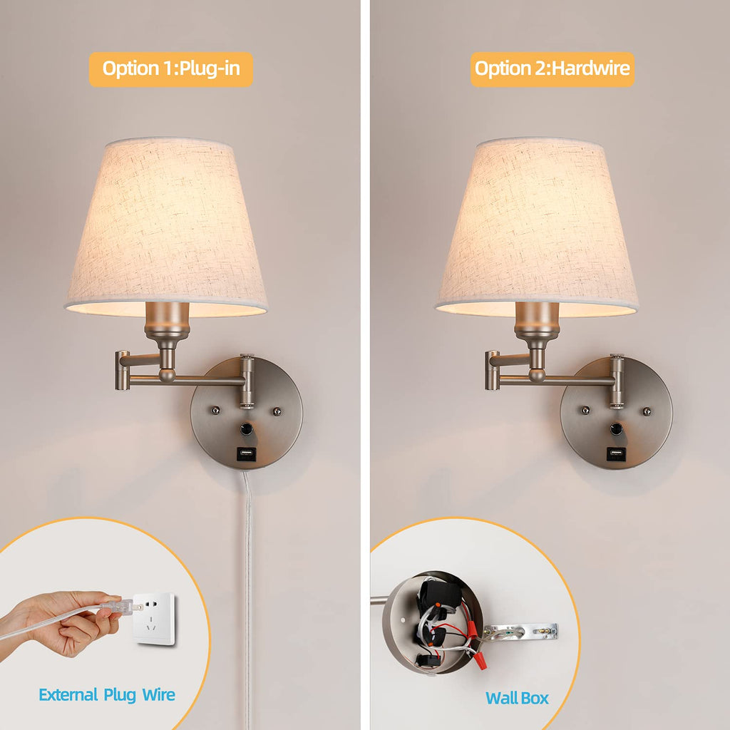 Swing Arm Wall Lamp Wall Mount Lamp with Cord Plug in Wall Sconce Lighting with Dimmable On Off Switch Wall Light