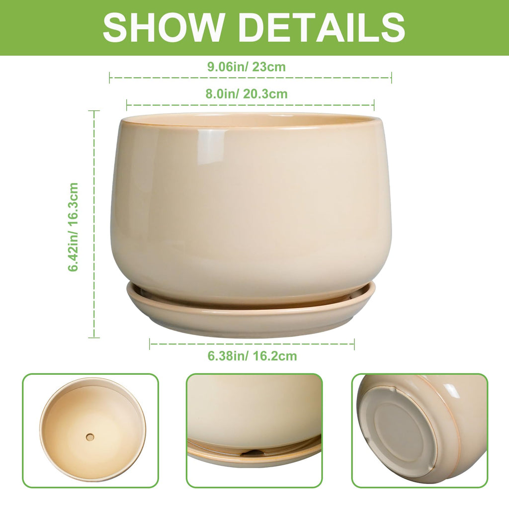 Ceramic Plant Pots - 9 Inch Round Planter, Ceramic Flower Pots with Drainage and Saucer, Modern Indoor Outdoor