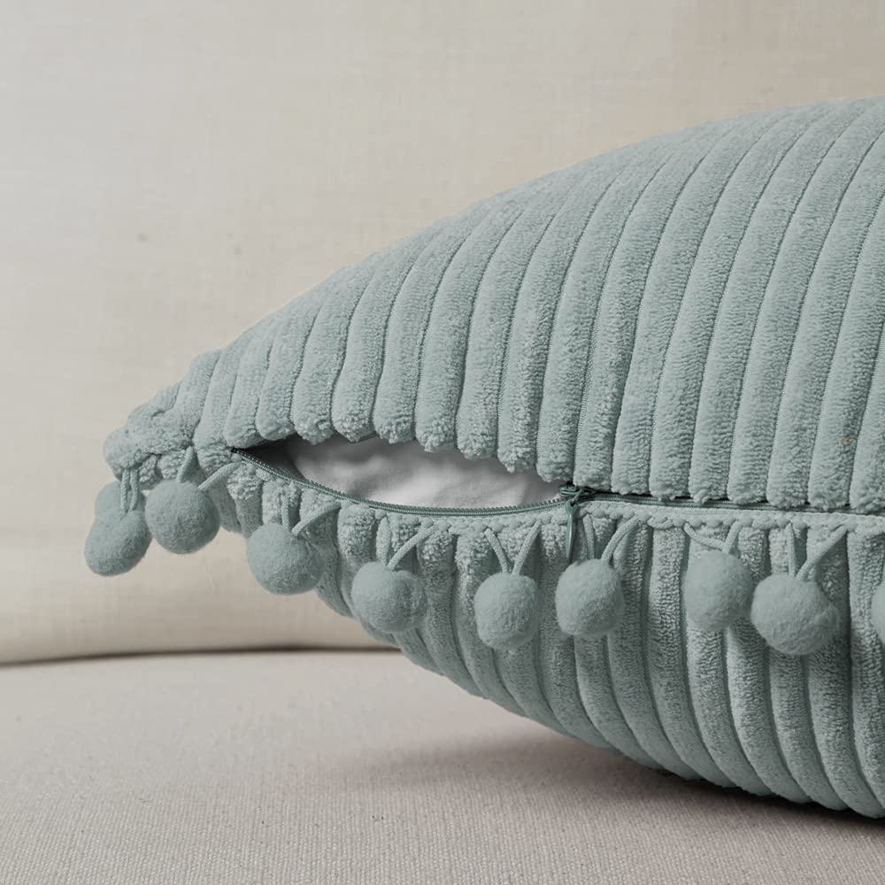 Pack of 2 Farmhouse Lumbar Decorative Throw Pillow Covers with Pom-poms, Soft Corduroy Solid Rectangle Cushion Cases