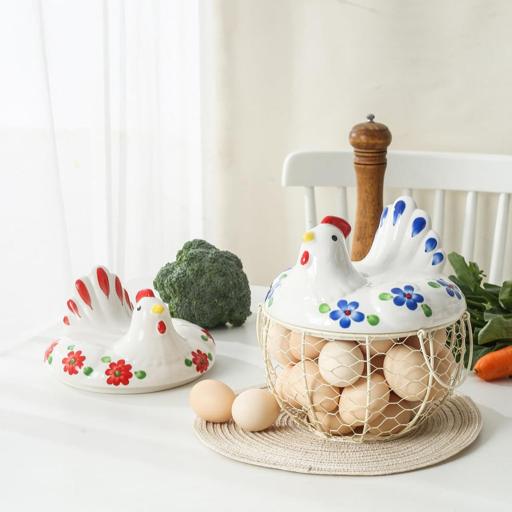 Decorative Egg Basket for Counter, Ceramic Chicken Lid with Wire Basket, Holds 20-25 Eggs