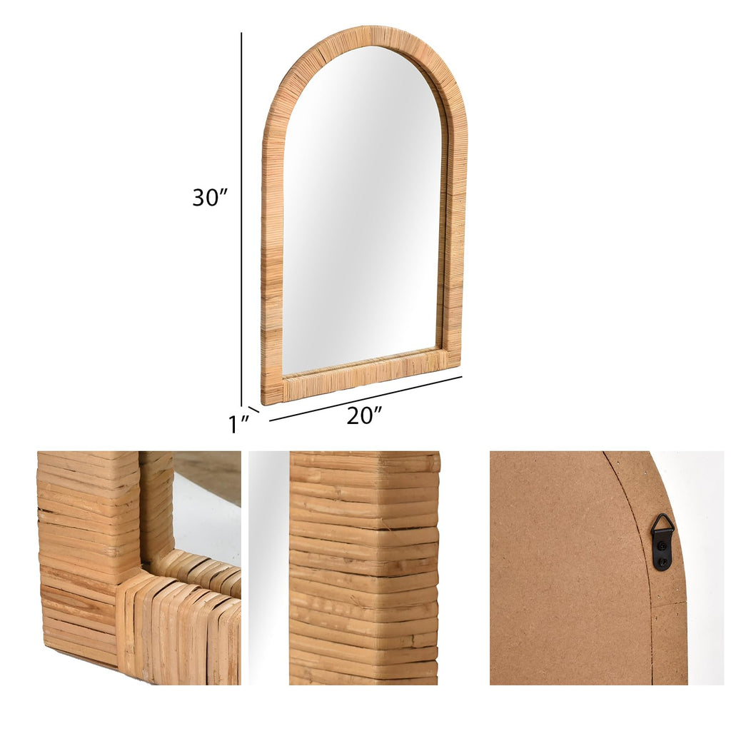 Boho Rattan Wall Mirror 20×30 Inch Arched Natural Rattan Frame - Farmhouse Bathroom Vanity Mirror - Wicker Decorative