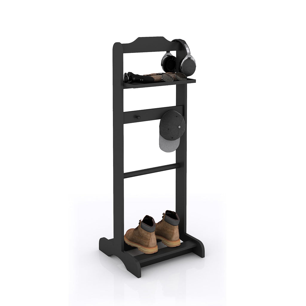 Suit Valet Stand for Men, Wooden Clothes Rack with Tray, Black