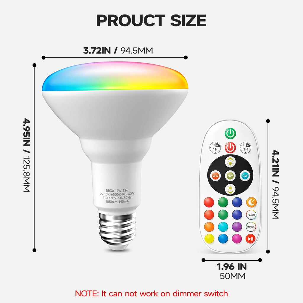 BR30 LED Light Bulbs, Color Changing LED Bulbs with Remote, 2 Pack