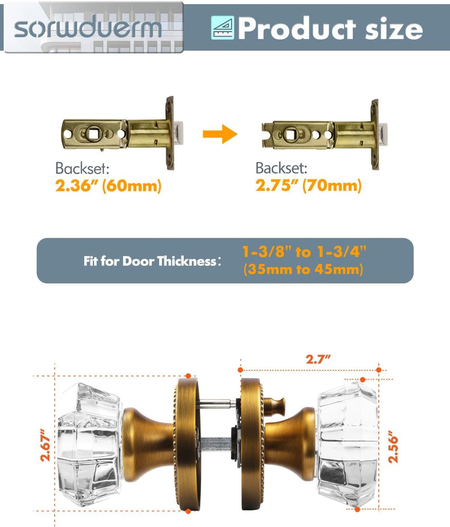 Door Knob Antique Brass Privacy Crystal Glass Interior 1 Pack