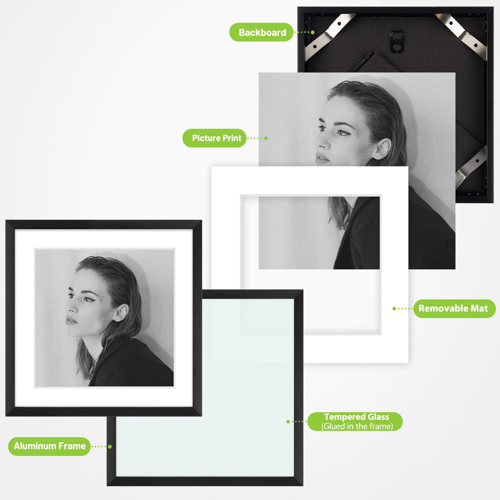 6x6 Black Aluminum Frame with White Mat, Real Glass