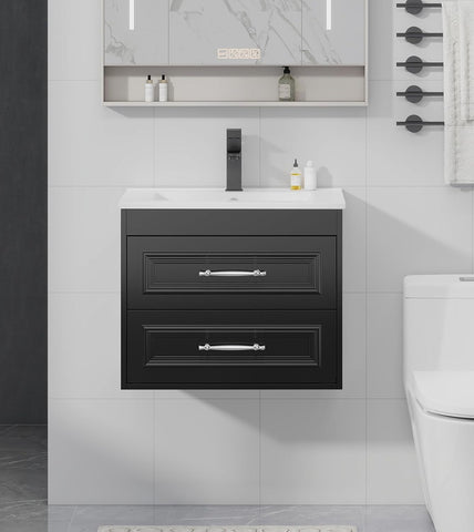 24 Inch Floating Bathroom Vanity with Sink, Wall-Mounted Painted Cabinet with Soft-Close Drawers, Ceramic Sink, Faucet & Drain, Black