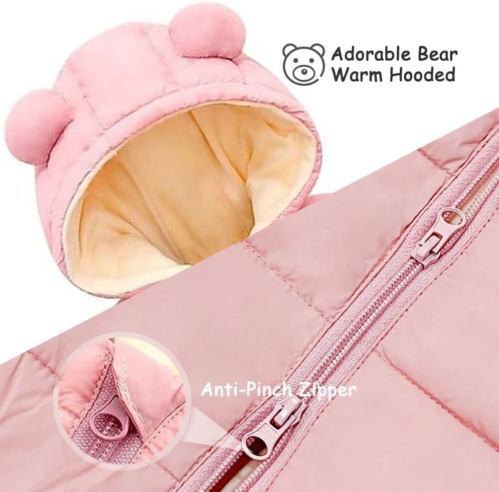 Baby Boys Girls Snowsuit Cozy Winter Coat Infant Bear Hooded Jumpsuit Toddler Snow Outfit
