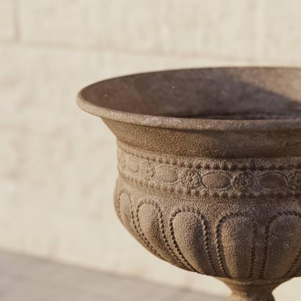 Outdoor Trophy Vase Traditional Urn Planter Pedestal Flower Pot with Textured Surface Iron Construction Wide Opening