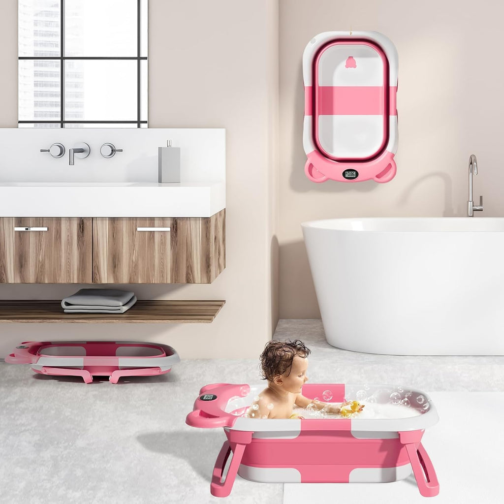Collapsible Baby Bathtub for Newborn with Thermometer & 1 Hooded Towel & 1 Soft Floating Cushion,Portable Travel